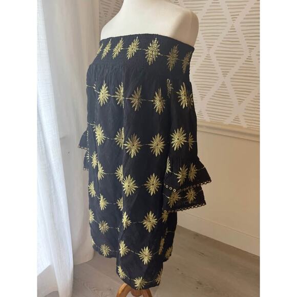 Boston Proper Women’s Large Black & Gold Metallic Detail Off-The-Shoulder Dress - Picture 4 of 7